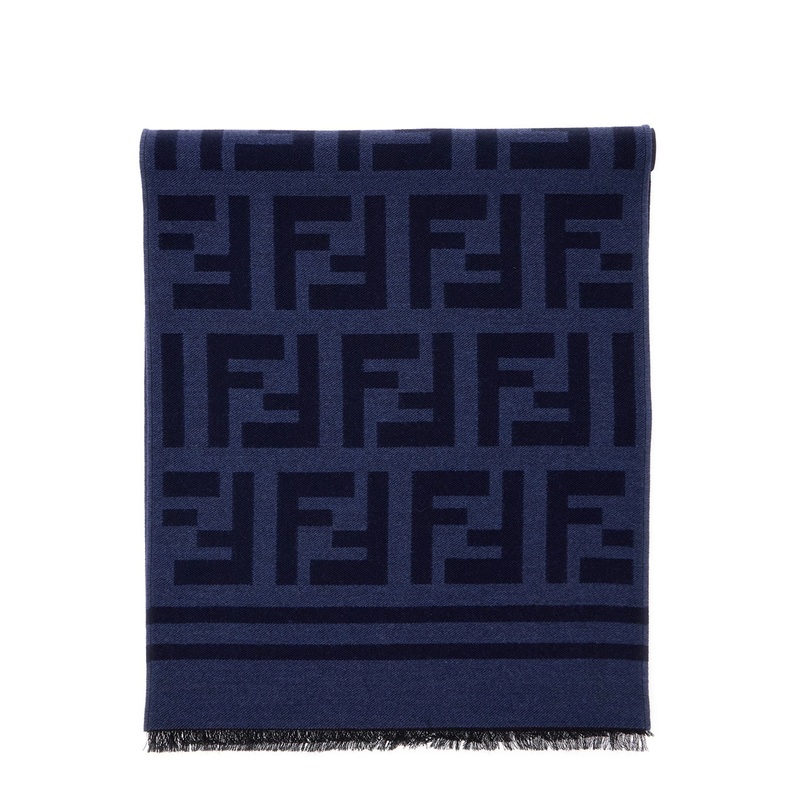 Blue Scarf with All-Over FF Motif and Frayed Hem in Wool Woman