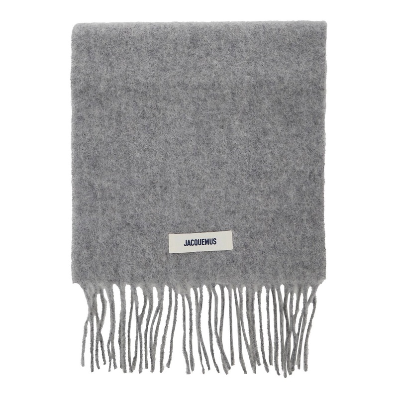 ‘L’Echarpe Carro’ Grey Scarf with Logo Patch on the Front and Fringed Hem in Wool Blend Man