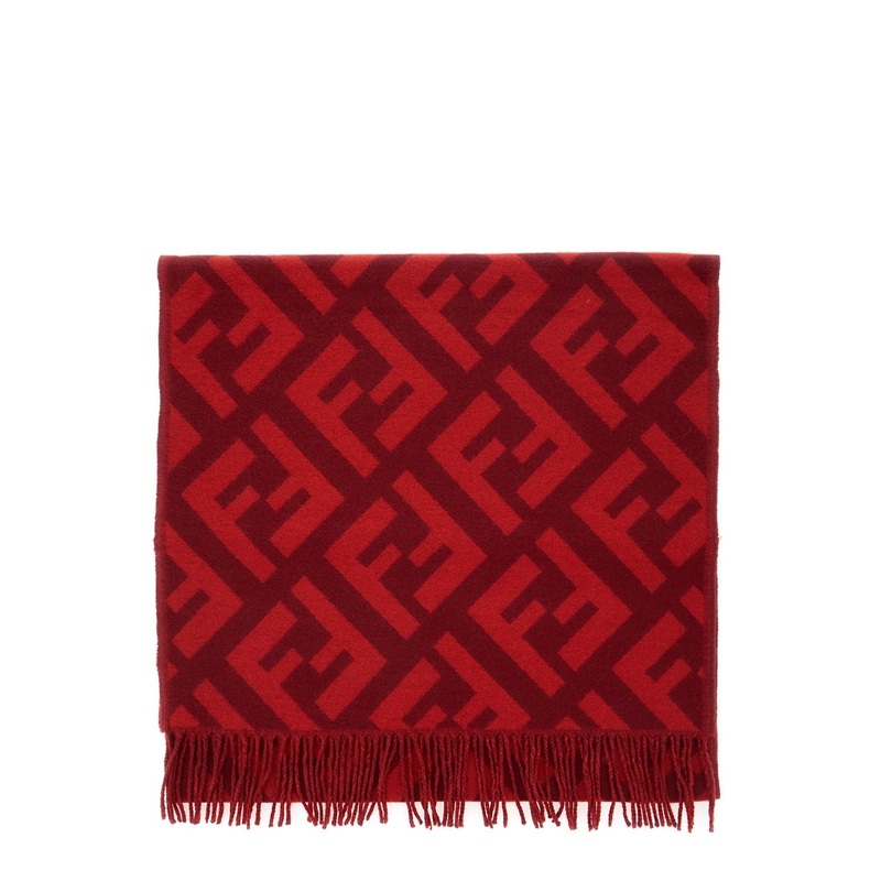 Red Scarf with All-Over FF Motif and Frayed Hem in Cashmere Woman