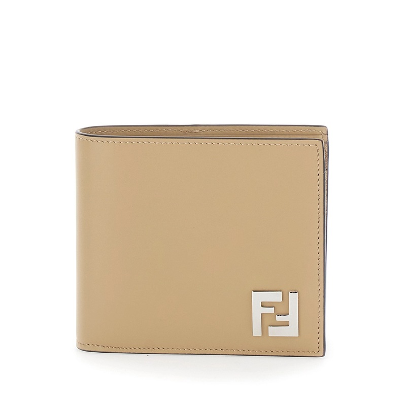 Beige Bi-Fold Wallet with FF Plaque on the Front and FF Motif in Leather Man