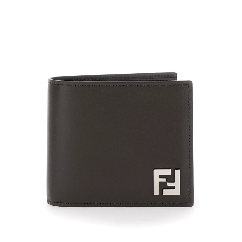 Brown Bi-Fold Wallet with Squared FF Motif in Leather Man