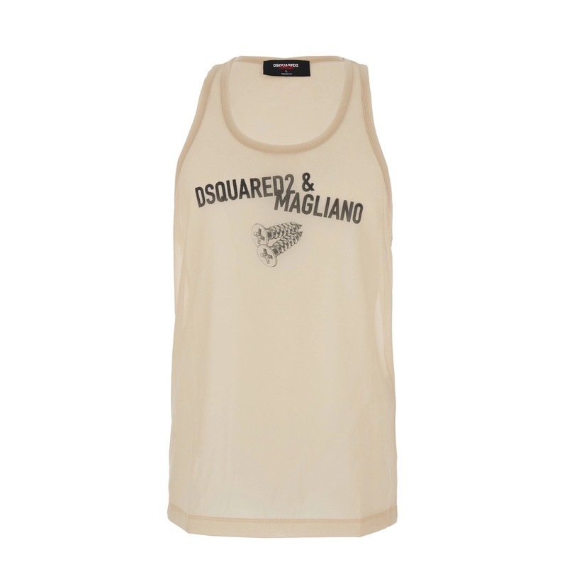 ‘D2 x Magliano’ Beige Sleeveless Top with Logo Lettering on the Front in Cotton Man