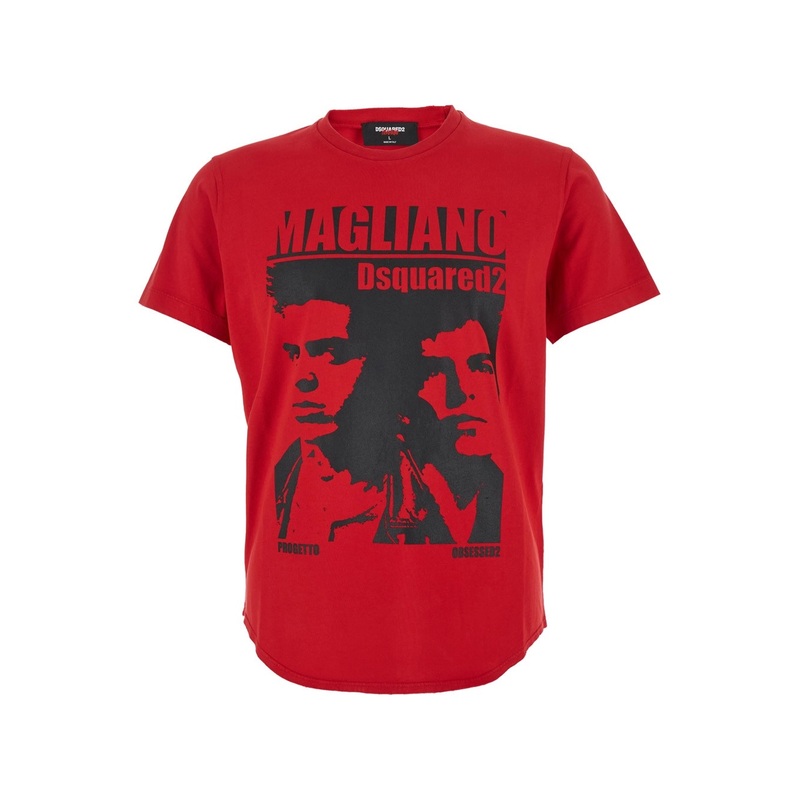 ‘D2 x Magliano’ Red Crewneck T-Shirt with Maxi Print on the Front in Cotton Man