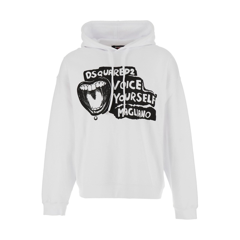 ‘D2 x Magliano’ White Hoodie with Drawstring Hood with Maxi Print on the Front in Cotton Man