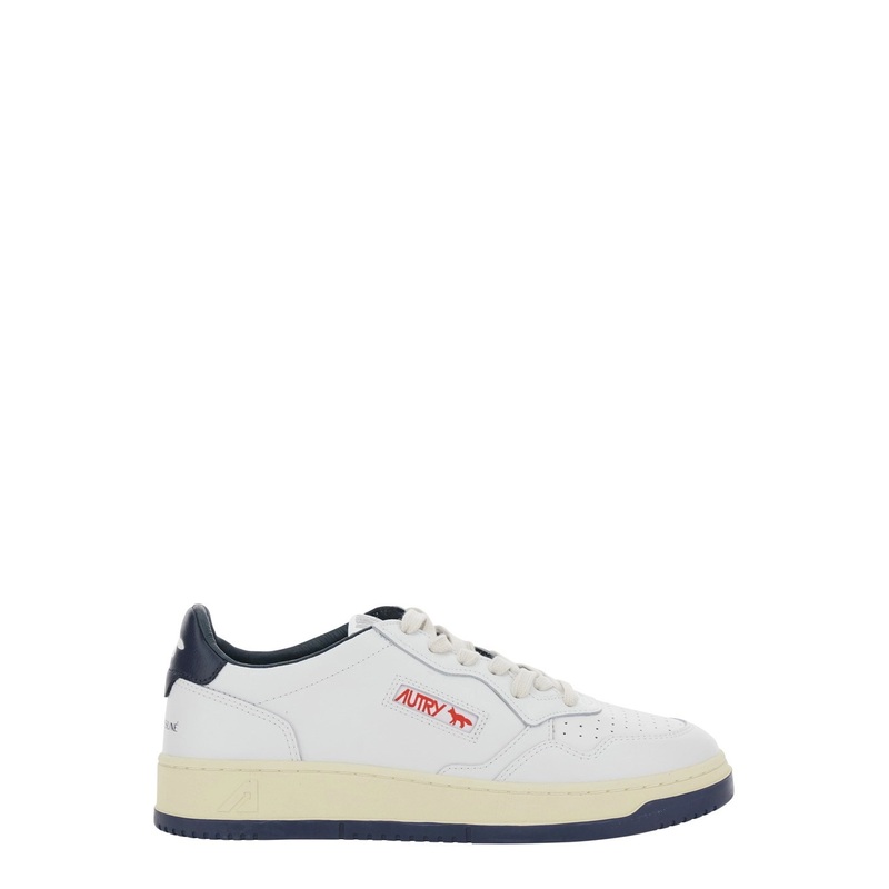 ‘Medalist Low x Maison Kitsun’ White and Blue Sneaker with Side Logo and Logo Lettering on the Back in Leather Man