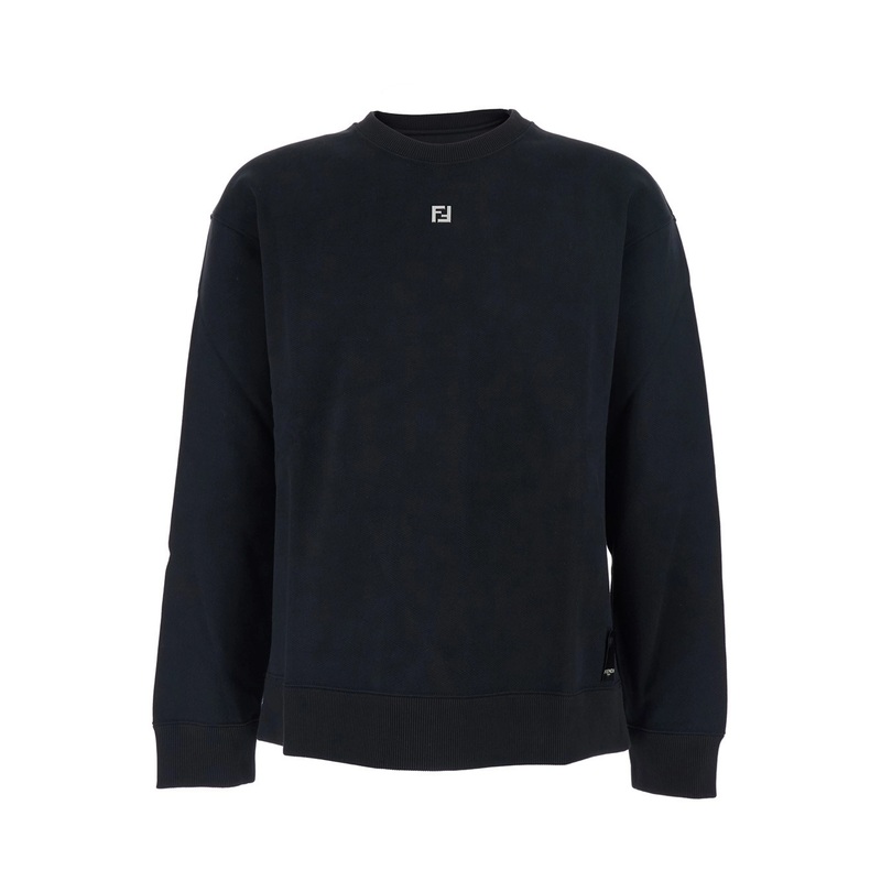 Black Crewneck Sweatshirt with Metallic FF Logo Plaque on the Front in Cotton Man