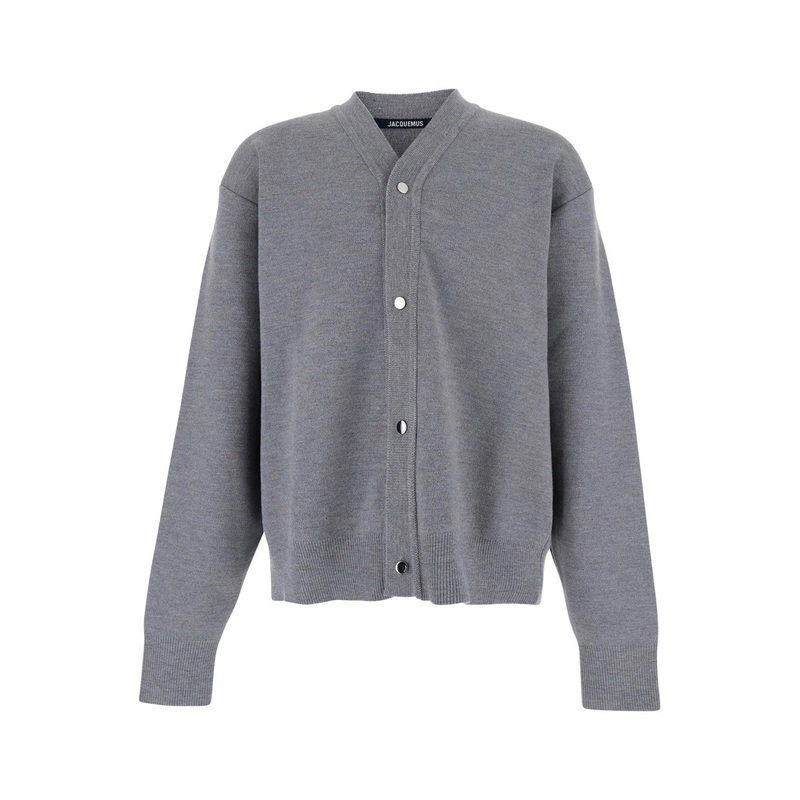 Grey V-Neck Cardigan with Dropped Shoulders in Cotton Man