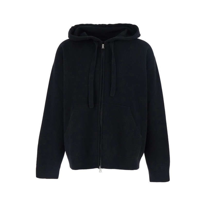 Black Sweatshirt with Drawstring Hood and Dropped Shoulders in Wool Man