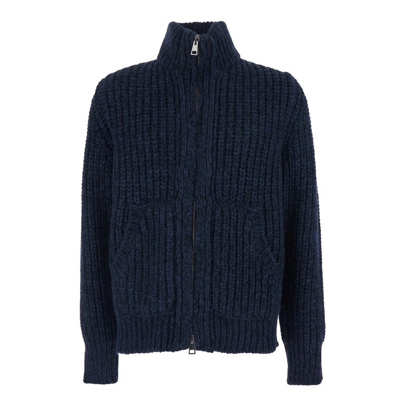Blue Jacket with High Neck and Front Zip Closure in Wool and Cashmere Blend Man