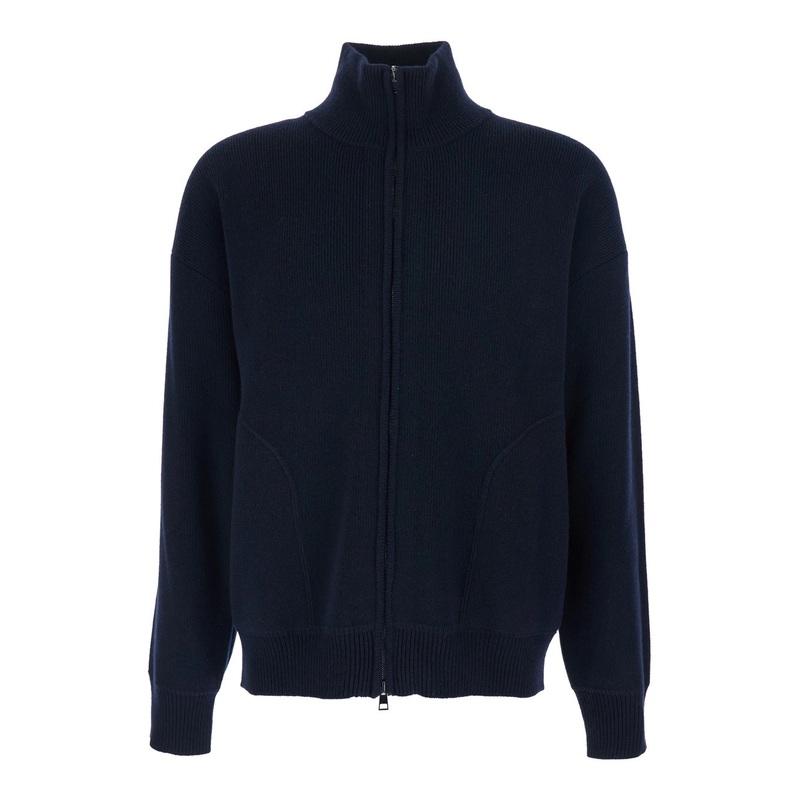 Blue Sweatshirt with Dropped Shoulders and Front Zip Closure in Wool Man