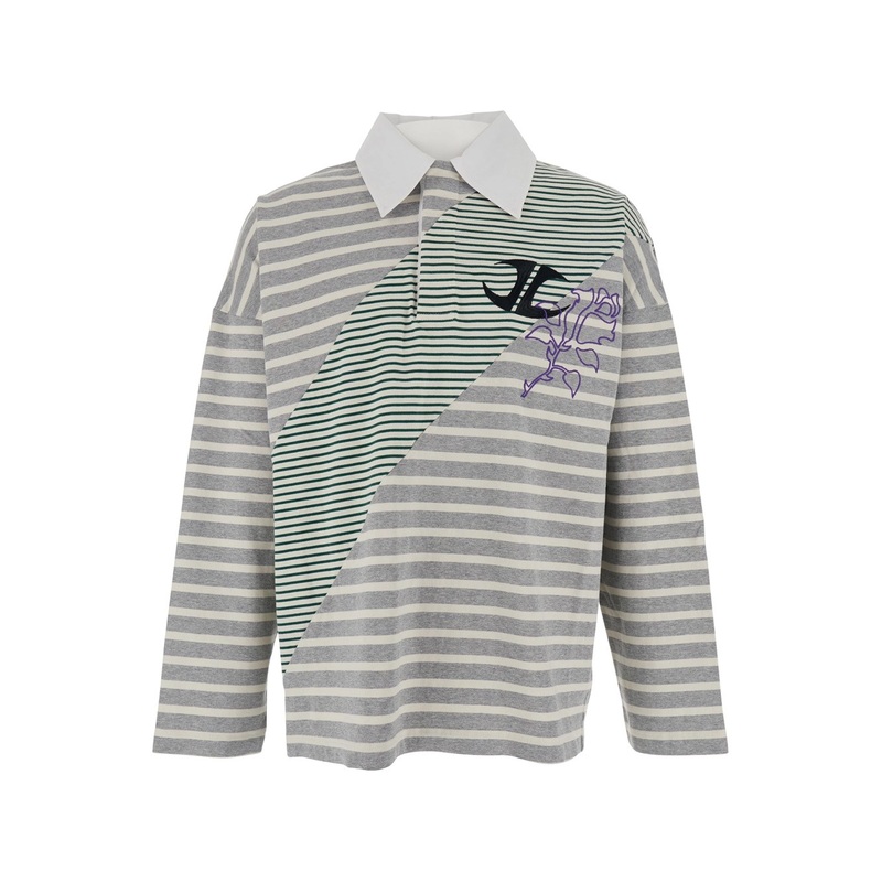 Grey Polo Shirt with Classic Collar and All-Over Striped Motif in Cotton Man