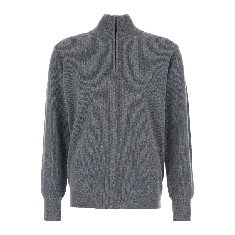 Grey Ribbed Knit Sweater with High Neck and Half Zip Closure in Wool Man