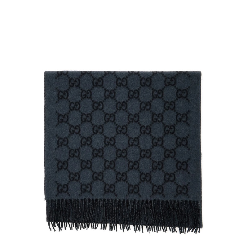 Grey Scarf with Fringed Hem and GG Motif Jacquard in Cashmere Man