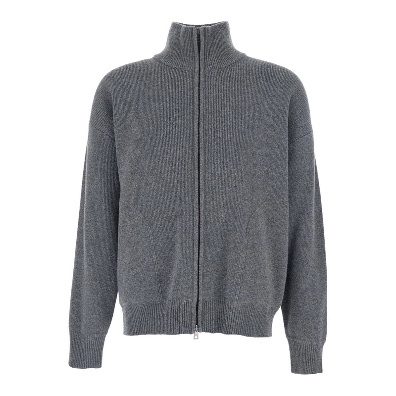 Grey Sweatshirt with Dropped Shoulders and Front Zip Closure in Wool Man