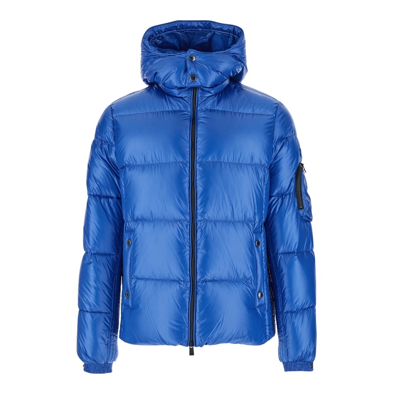 ‘Belbo’ Blue Down Jacket with Fixed Hood and Logo Patch on the Sleeve in Tech Fabric Man