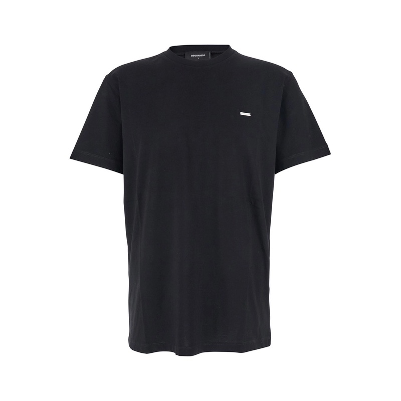 Black Crewneck T-Shirt with Patch Logo on the Front in Cotton Man