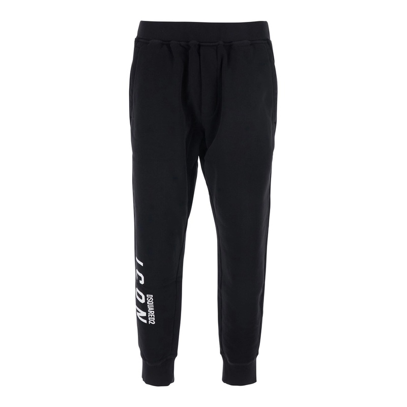 Black Pants with Elastic Waist and Logo Lettering on the Leg in Cotton Man