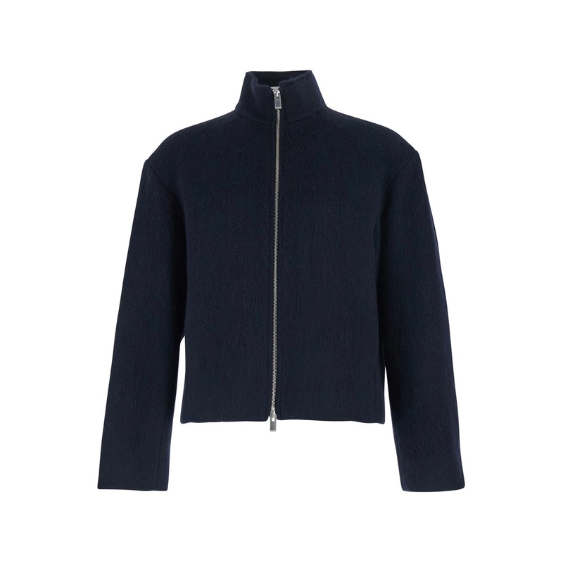 Blue Jacket with High Neck and Dropped Shoulders in Wool Man