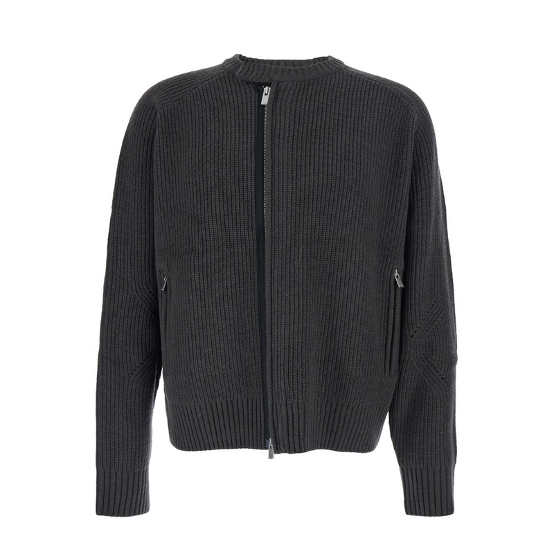 Grey Crew Neck Cardigan with Ribbed Design in Wool Man
