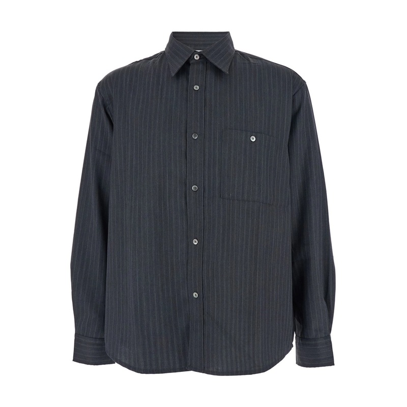 Grey Pinstriped Shirt with Pointed Collar in Wool Blend Man