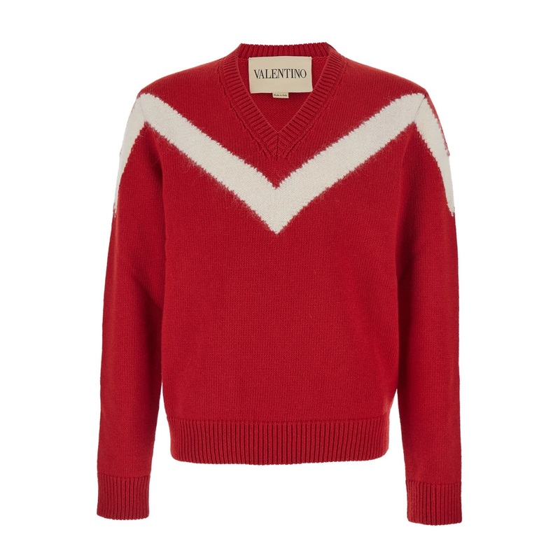 Red Sweater with V Neck and Rear Bow with VLogo Plaque in Wool Man