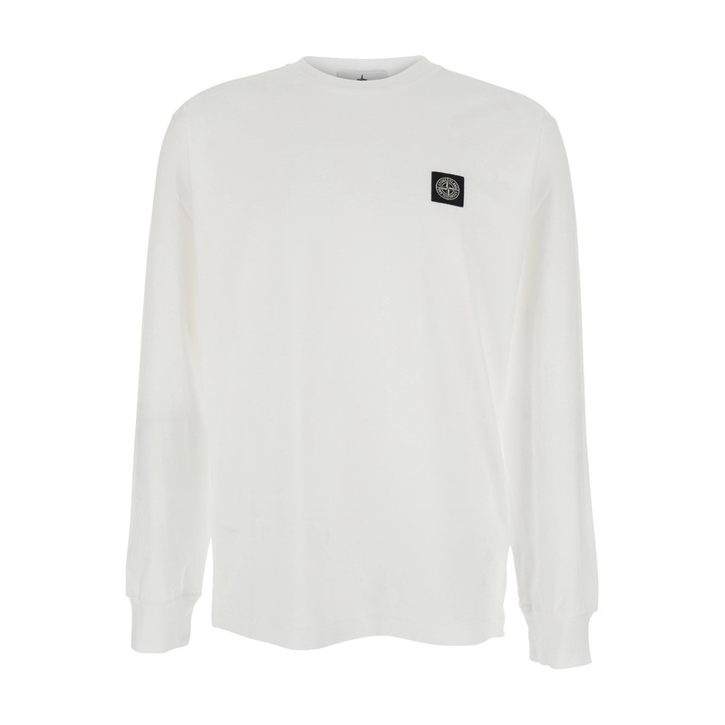 White Long-Sleeve Crewneck T-Shirt with Logo Patch on the Front in Cotton Man