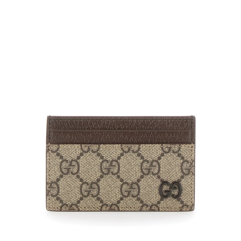 Beige Card Holder with Leather Finishes and All-Over GG Motif in Fabric Man