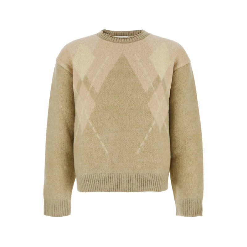 Beige Crewneck Sweater with All-Over Argyle Motif in Wool Blend Man