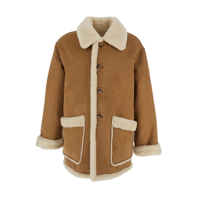 Beige Reversible Shearling Jacket with Classic Collar and Two Front Patch Pockets in Ecofur Man