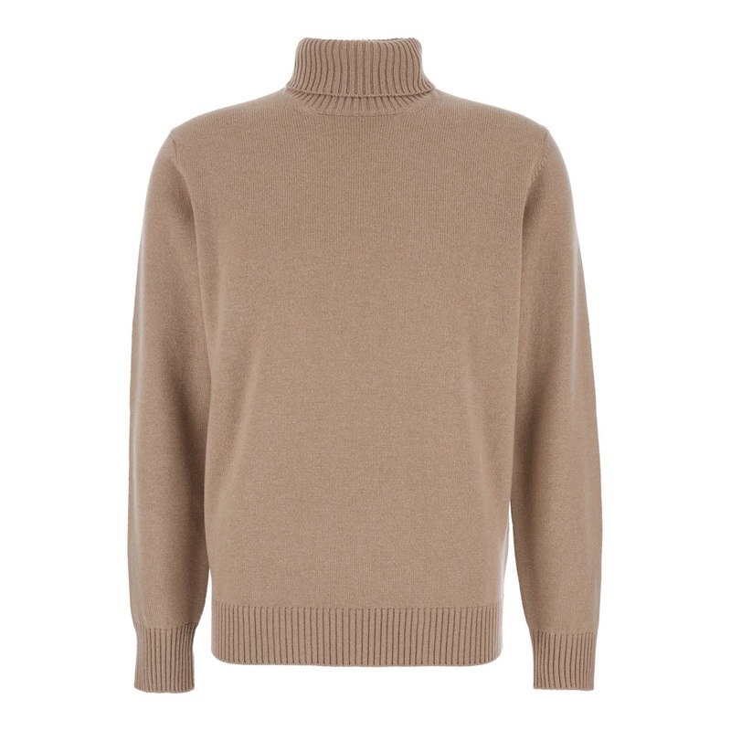 Beige Turtleneck Sweater with Ribbed Trims in Wool Man