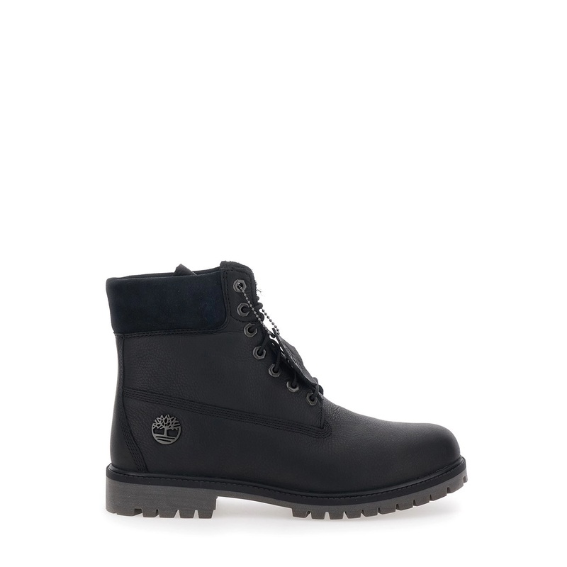 Black Ankle Boots with Logo Detail on the Side and Low Block Heel in Leather Man