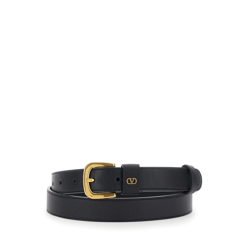 Black Belt with Front Buckle Closure and VLogo Plaque on the Loop in Leather Man