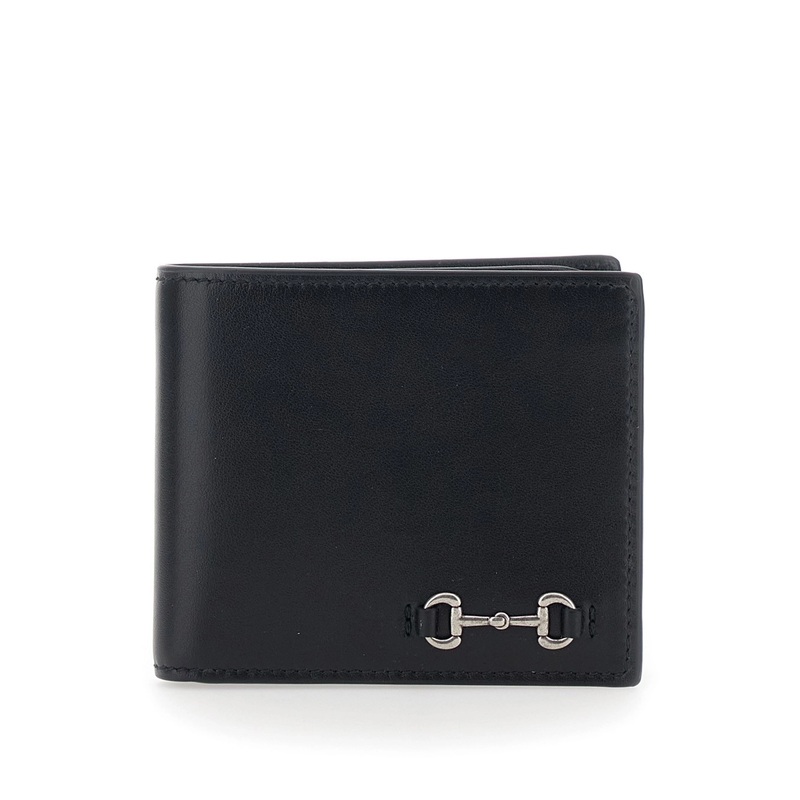Black Bi-Fold Wallet with Horsebit on the Front and Embossed Logo on the Inside in Leather Man