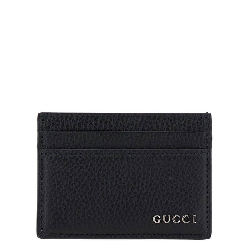 Black Card-Holder with Logo Detail in Hammered Leather Man