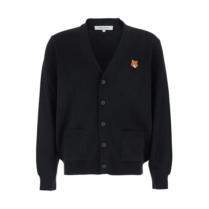 Black Cardigan with V Neck and Logo Patch on the Front in Wool Man
