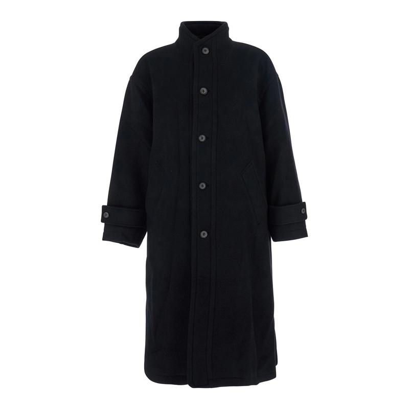 Black Coat with High Neck and Belted Cuffs in Wool Man