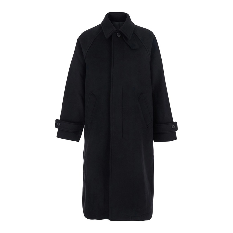 Black Coat with Wide Collar and Hidden Button Closure on the Front in Wool Man