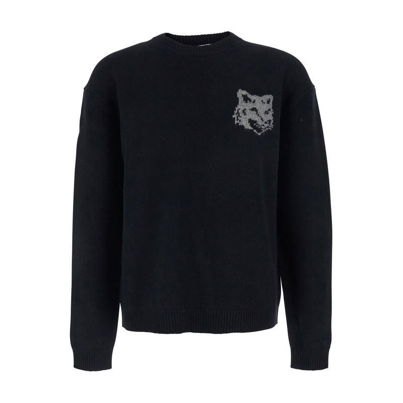 Black Crewneck Sweater with Dropped Shoulders and Logo Embroidery on the Front in Wool Man