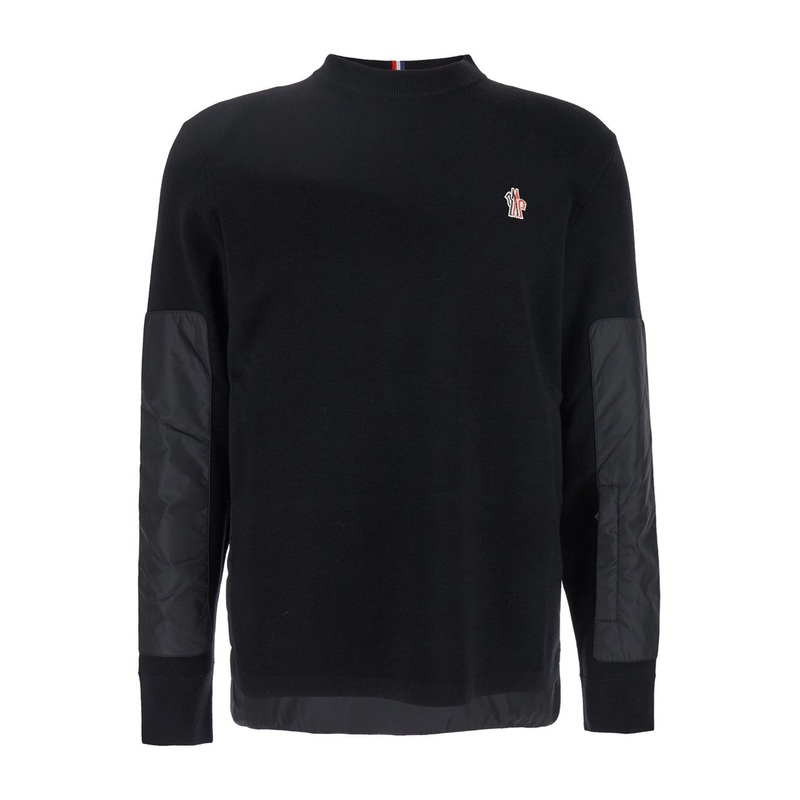 Black Crewneck Sweater with Inserts Design in Wool and Tech Fabric Blend Man