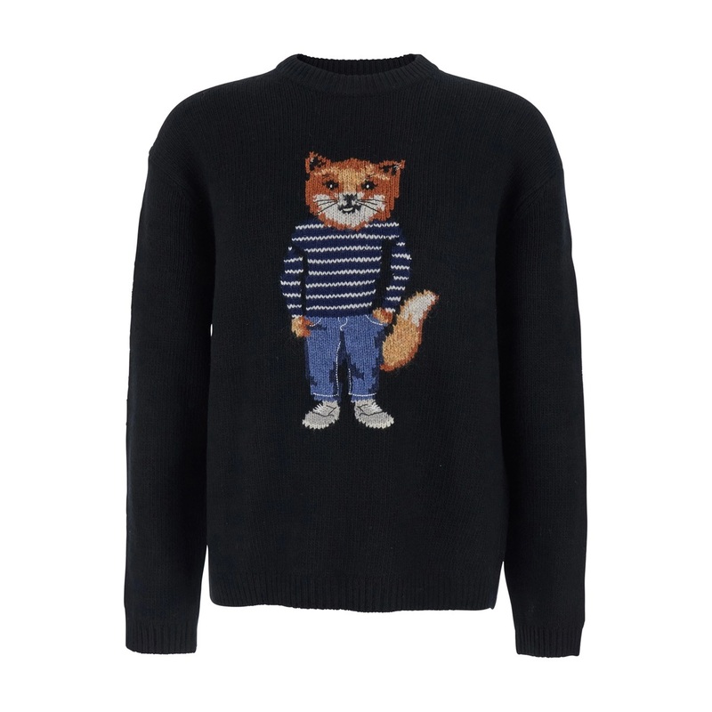 Black Crewneck Sweater with Logo Embroidery on the Front in Wool Blend Man