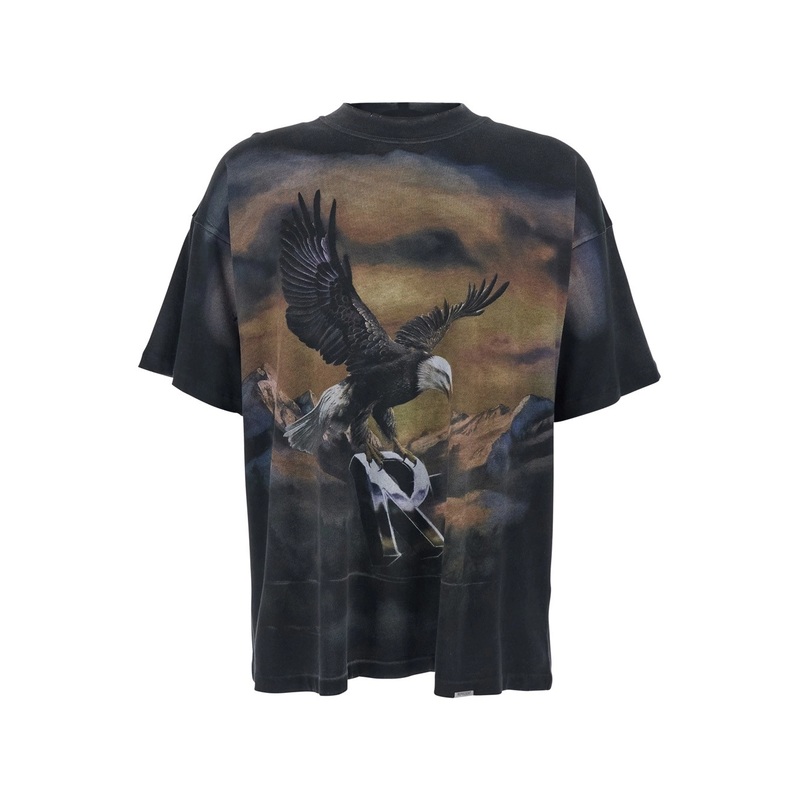 Black Crewneck T-Shirt with Maxi Graphic Print on Front and Rear in Cotton Blend Man