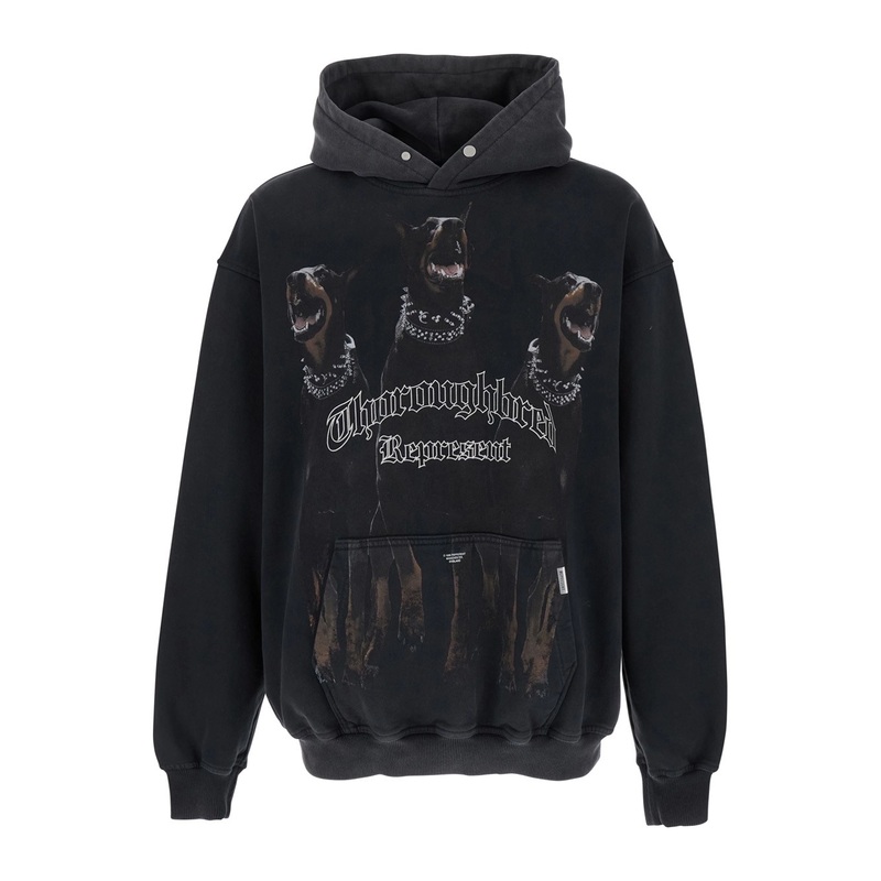 Black Hoodie with Fixed Hood and Maxi Print on the Front in Cotton Man