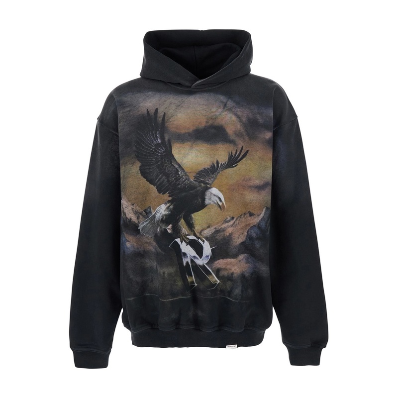 Black Hoodie with Maxi Print on Front and Rear and Dropped Shoulders in Cotton Man