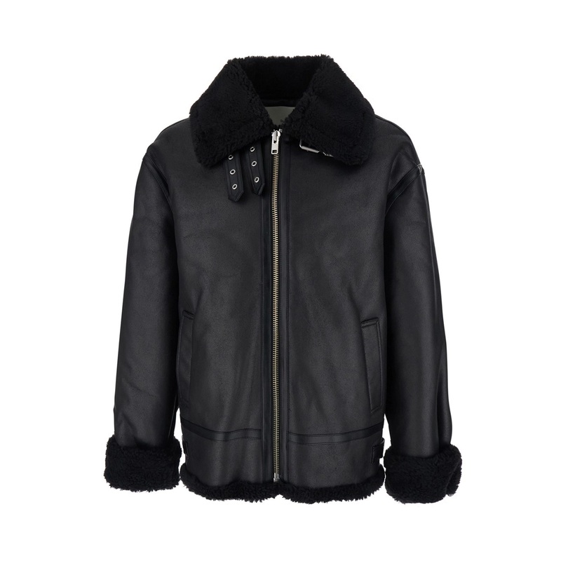 Black Shearling Jacket with Belted Collar in Ecoleather and Ecofur Man