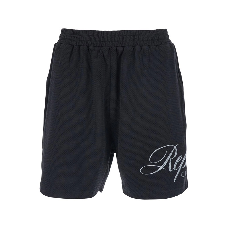 Black Shorts with Logo Lettering on Leg in Cotton Mesh Man