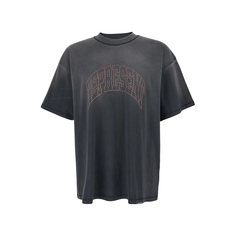 Black T-Shirt with Logo Lettering on the Front and Faded Effect in Cotton Man