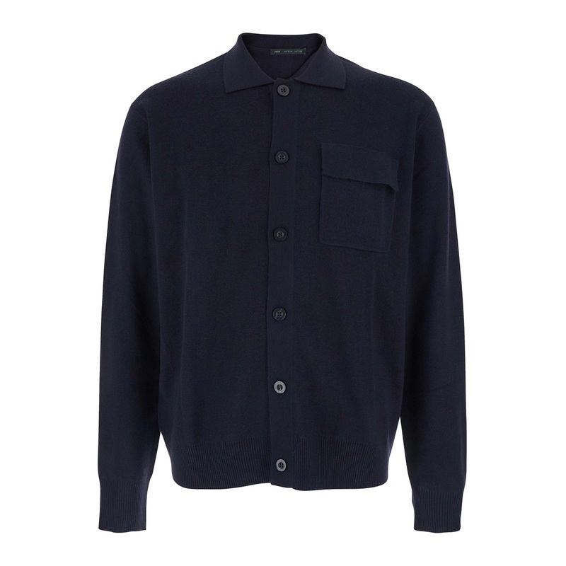 Blue Cardigan with Polo Shirt Style Collar and One Front Patch Pocket in Wool Man