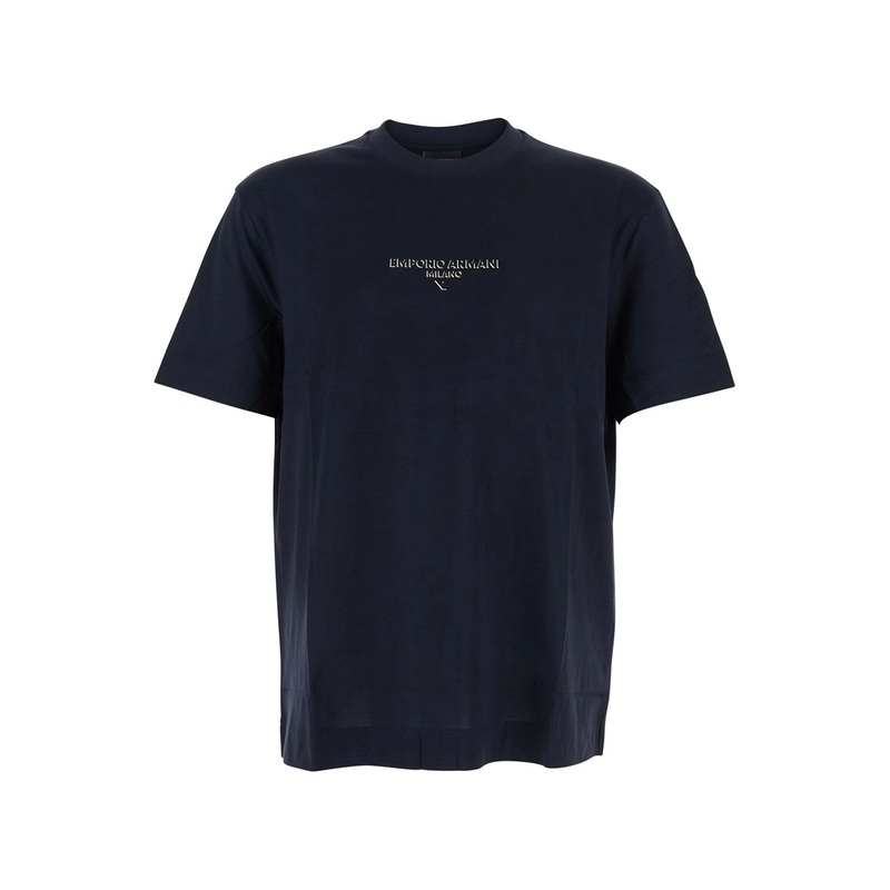 Blue Crewneck T-Shirt with Logo Lettering on the Front in Cotton Blend Man
