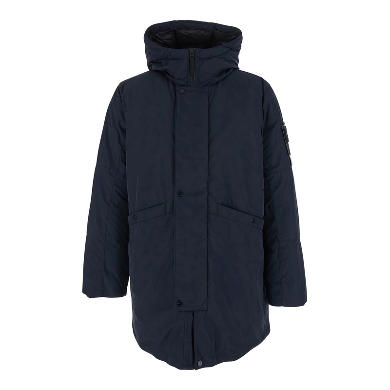 Blue Jacket with Hood with Zip and Logo Patch on the Sleeve in Tech Fabric Man
