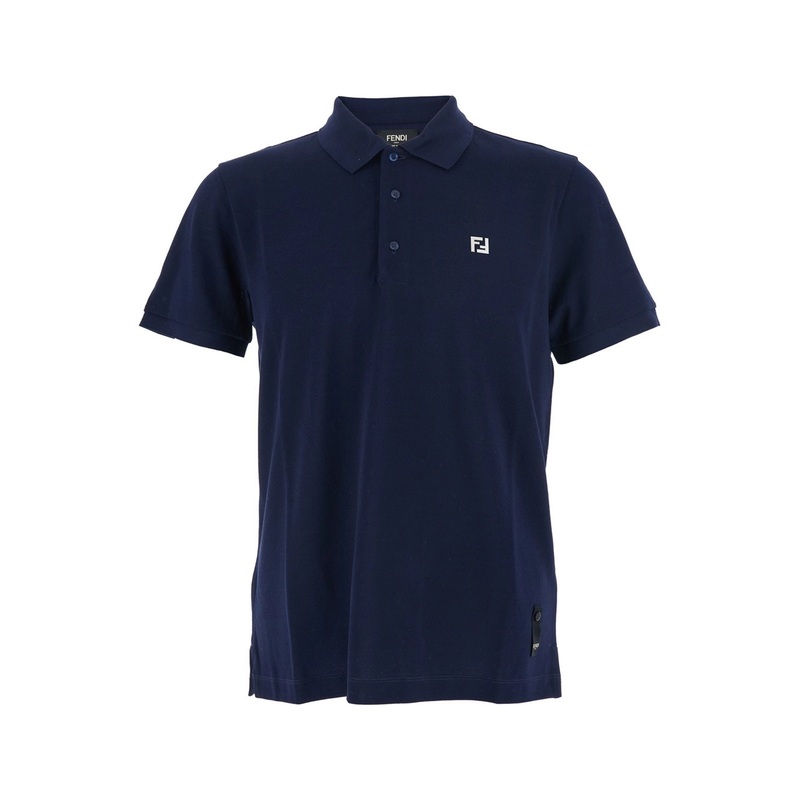 Blue Polo Shirt with Metallic FF Logo on the Front in Cotton Pique Man